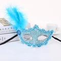 Light blue lace masquerade mask with side feathers and sequins for party performance - Blue