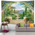 Tapiz de paisaje de jardín europeo con fuente clásica y vistas a la montaña verde - 150x130cm / Jardín clásico