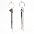 Silver fringe earrings with colorful zirconia stones and metallic link chain design - Bright Silver (PDE457)