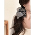 Gray knitted hair scrunchie with black bow and gold button detail for women - Grey Knit Heart Button