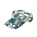 Close-up of tropical floral print on sun visor featuring plumeria and monstera leaves - 56-60cm Adjustable / Light Blue Tropical Plants (G)