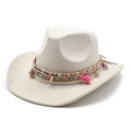 Detailed shot of bohemian suede cowboy hat with colorful tassels and shell accents - M (56-59cm) / Beige (Suede)