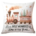 Detail of pink Christmas snowman plush pillowcase with festive train and tree prints - Wonderful Time Holiday Train (TQDS88-10)