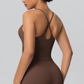 Women's dark brown crossover back yoga top and high waist leggings fitness set - S / Chestnut Brown