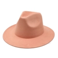 Detail view of salmon pink felt fedora hat featuring wide brim and reinforced stitching - M (56-59cm) / Dusty Pink Suede