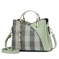 Women contrast crossbody bag with light green leather, plaid pattern, and gold ring handle - Large Grid Green