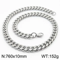 Silver stainless steel Cuban link necklace, size 760x10mm, weighing 152g in polished finish - 10mm*760mm(KN232904-ZZ)
