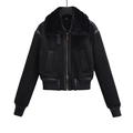 Women's black short faux fur collar jacket with zip closure and ribbed cuffs on white background - XS / Black