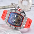 Detailed side view of tonneau watch featuring diamond bezel and red rubber strap - Red Dial Silver Case Red Strap