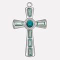Detailed macro view of 304 stainless steel cross pendant with light teal glass crystals - Silver-Sky Blue Rhinestone