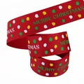 Red Christmas Grosgrain Ribbon with Merry Christmas text and colorful dots 25mm - Red with Green Text Polka Dots (Style 8)