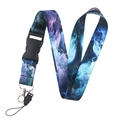 Starry nebula art lanyard with purple-blue galaxy pattern and metal lobster clasp - Dark Blue Cyan Nebula (YZ20-3)