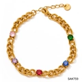 Bracciale a catena cubana in acciaio inossidabile dorato con cinque zirconi multicolori - Bracciale / Bracciale d'Oro + Zirconia Colorata (SAK759)