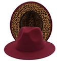 Detail view of burgundy wide brim fedora hat featuring a stylish leopard print lining - M (56-58cm) / Wine Red (Leopard)