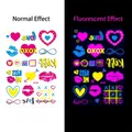 Neon heart and lip glow-in-the-dark tattoo stickers showing normal vs UV light effect - Neon Graffiti (AX-004)