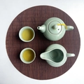 Celadon ceramic tea set with pot and cups on oval woven bamboo mat for Kung Fu tea ceremony - Coffee Round 30cm