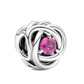 Silver bead charm with pink crystal inlay and woven metal hollow sphere design - October Pink