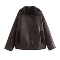 Warme Damen Kunstlederjacke in Braun mit Fleecekragen und Taschen in Übergröße - S / Kaffeebraun