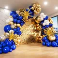 Deep blue and gold balloon arch kit with metallic star accents and neon party sign - Blue White Gold