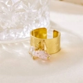 Gold wide textured ring with pink bead and white pearls on elegant satin fabric - R00897G (Hammered Wide Band + Pink Faceted Bead + Pearl)