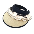 Cappello da sole in paglia con fiocco e tesa larga anti-UV per donna, design aperto sopra - M(56-58cm) / Beige