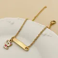 Bracelet chaîne plaqué or 18K avec pendentif chat mignon et plaque en métal gravable - Chat Rose