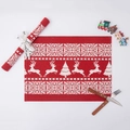 Red Christmas placemat set with reindeer and snowflake patterns on linen texture - Reindeer Red
