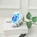 Handgehäkelte blau-weiße Rose auf antikem Buch mit weichem Plüschhintergrund - Mengsi Blau