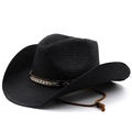 Close-up of black straw cowboy hat featuring a brown woven belt and adjustable chin strap - Black