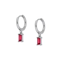 Detail of silver drop earrings with rectangular red cubic zirconia pendants on white background - Silver Red