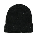 Close-up of black wool-blend knit hat with sequins and vertical ribbed texture detail - M(56-58cm) / Black