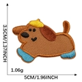 Cartoon dachshund embroidery patch in yellow and brown with size measurements - Brown Dog with Yellow Hat and Blue Paws