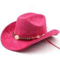 Detail of fuchsia suede cowboy hat featuring woven band with shells and beads - Rose Red