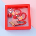 Kids red Christmas hair clip and elastic tie set in a square floating display gift box - Style 7