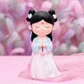 Chinese style girl figurine in blue hanfu holding a pink lotus lamp for desktop decor - Large Blue Lantern
