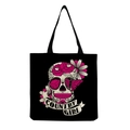 Close-up of black canvas tote bag with skull, rose print and Country Girl scroll detail - Skull Roses and 'COUNTRY GIRL' Print (hm6660)