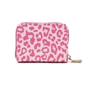 Pink leopard print accordion card wallet with gold zipper and saffiano leather texture - Pink Leopard