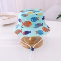 Light blue kids cotton bucket hat featuring colorful fish prints and white chin strap - Colorful Fish / 54cm