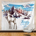 Happy New Year tapestry with hand-drawn deer and snowy mountain scene on beige wall - Style 7-New Year Deer Scene Blue Sky