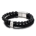 Men's double-layer leather and marble bead bracelet with a character charm - Black Network Stone-Steel Clasp (Ren)