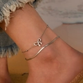 Bracelet de cheville double argenté avec chaîne serpent plate et pendentif nœud - Bracelet de Cheville Noeud Double Couche Acier