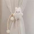 White plush rabbit curtain tieback with woven rope and decorative pearl balls - Light Corn Rope White Rabbit