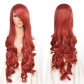 Detail of 80cm long wavy red cosplay wig with side-parted bangs and large curls - Red Mixed Color