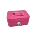 Pink portable metal piggy bank with a foldable silver handle and mechanical key lock - Small / Pink