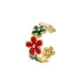 Macro view of adjustable gold flower ring with red and green enamel petal details - Adjustable Open / Red Green Flower (J374-3)