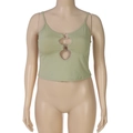 Detail view of sage green crop top with metal rings and cut-out front design - 0XL / Green