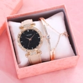 Set de reloj para mujer con esfera de cielo estrellado y pulsera de mariposa rosa - Juego de Caja de Regalo Reloj Pulsera / Beige