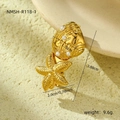 Vista detallada del clip de perlas doradas con medidas del diseño de estrella de mar - Estilo Perla Concha Estrella de Mar (R118-1)