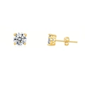 Close-up of gold round zircon stud earrings with classic four-prong setting and butterfly back - 5mm / Gold