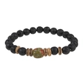 Detail of elastic bracelet with black lava stone, wood beads and crown accent - Zoisite Wood Bead Style